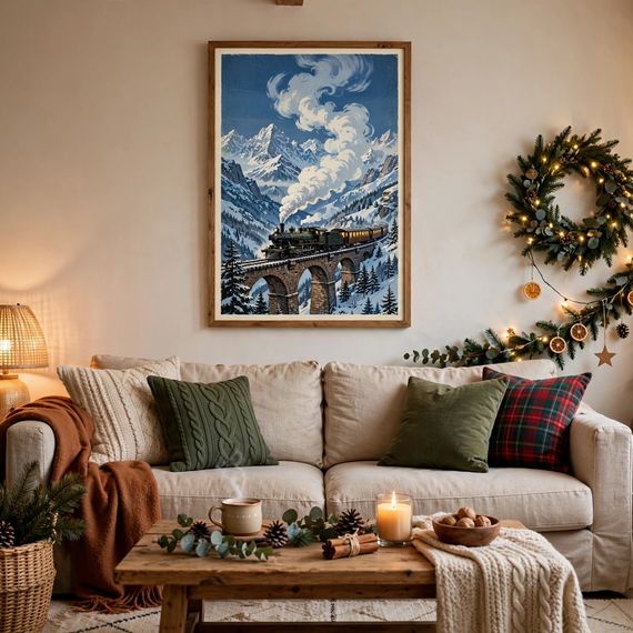 Alpine Steam Train vintage winter poster framed in livingroom