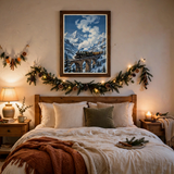 Alpine Steam Train vintage winter poster framed in bedroom