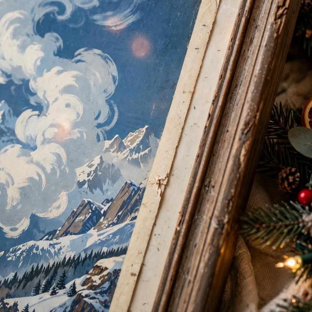 Alpine Steam Train vintage winter poster framed in closeup