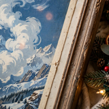 Alpine Steam Train vintage winter poster framed in closeup