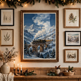 Alpine Steam Train vintage winter poster framed in gallery