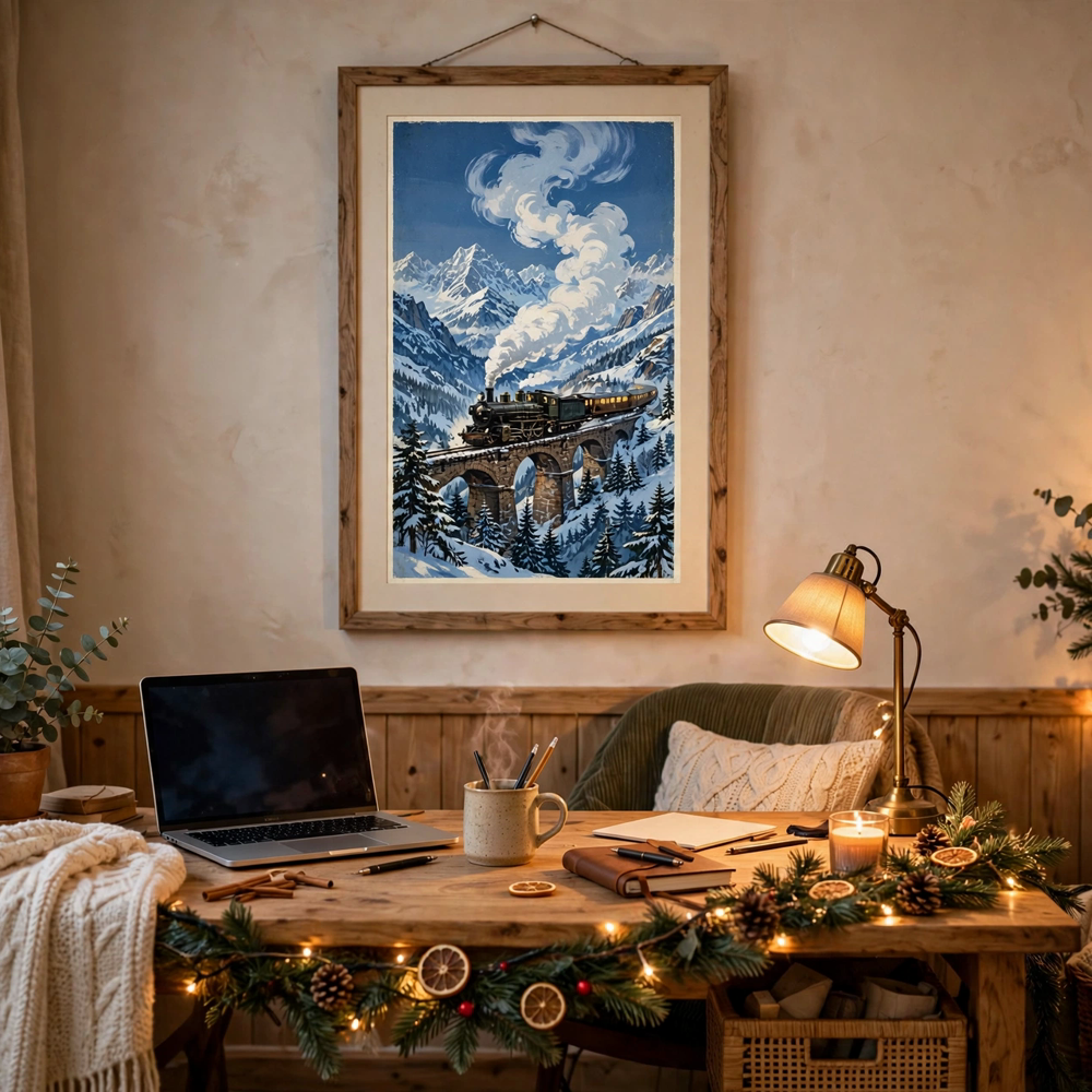 Alpine Steam Train vintage winter poster framed in homeoffice