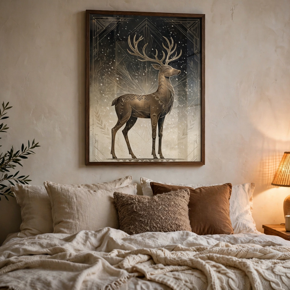 Bronze Reindeer vintage winter poster framed in a bedroom view