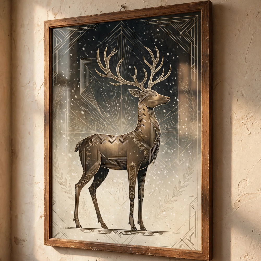 Bronze Reindeer vintage winter poster framed in a close-up detail view