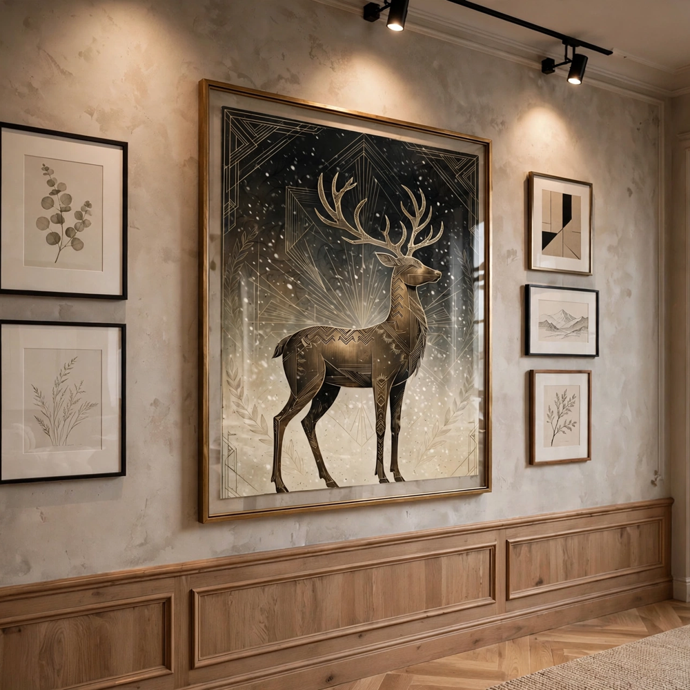Bronze Reindeer vintage winter poster framed in a gallery view