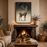 Bronze Reindeer vintage winter poster framed in a livingroom view