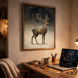 Bronze Reindeer vintage winter poster framed in a office view
