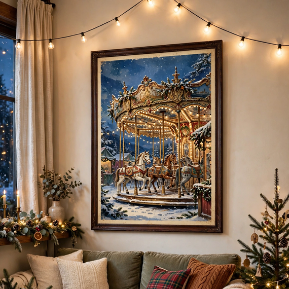 Christmas Carousel at the Winter Fair vintage winter poster framed in livingroom