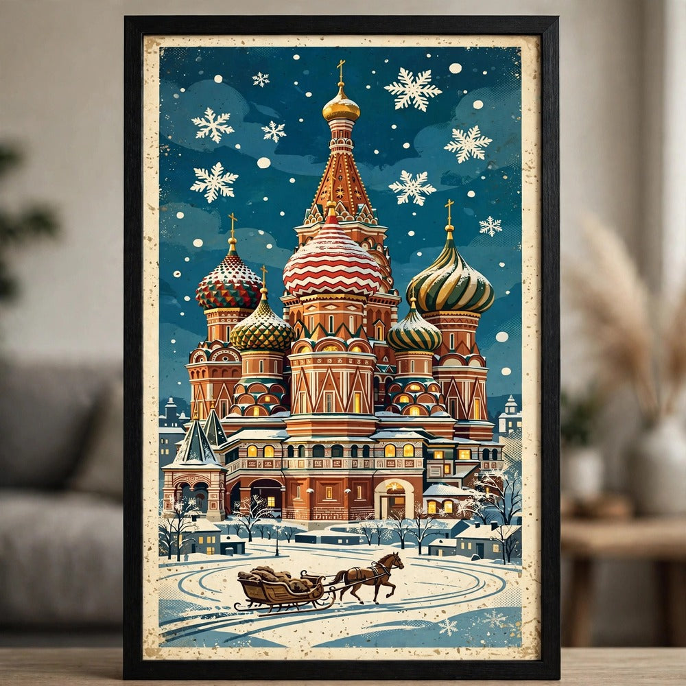 Close-up detail of Snowy St. Basil's at Christmas poster print