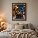 Gaslit Carolers vintage winter poster framed in a bedroom view