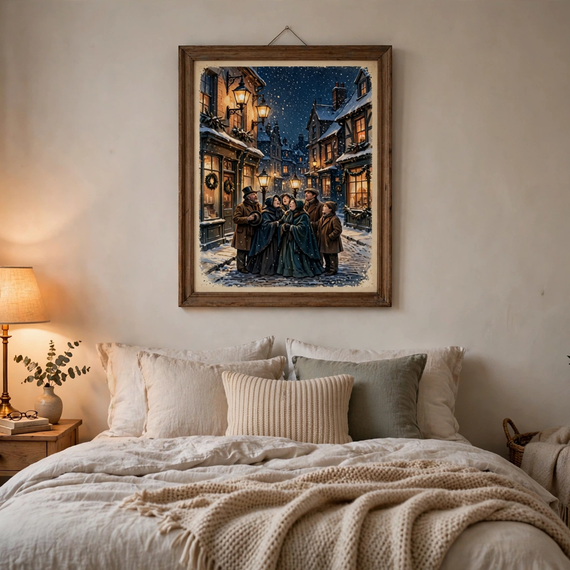 Gaslit Carolers vintage winter poster framed in a bedroom view