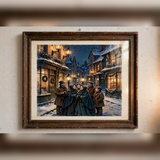 Gaslit Carolers vintage winter poster framed in a close-up detail view