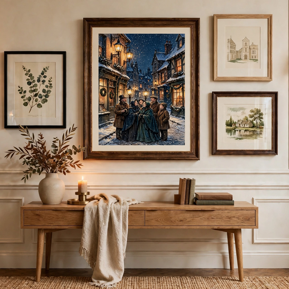 Gaslit Carolers vintage winter poster framed in a gallery view