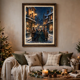 Gaslit Carolers vintage winter poster framed in a livingroom view