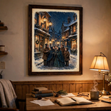 Gaslit Carolers vintage winter poster framed in a office view