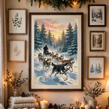 Husky Sled Team at Dawn vintage winter poster framed in gallery