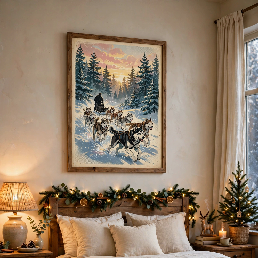 Husky Sled Team at Dawn vintage winter poster framed in bedroom