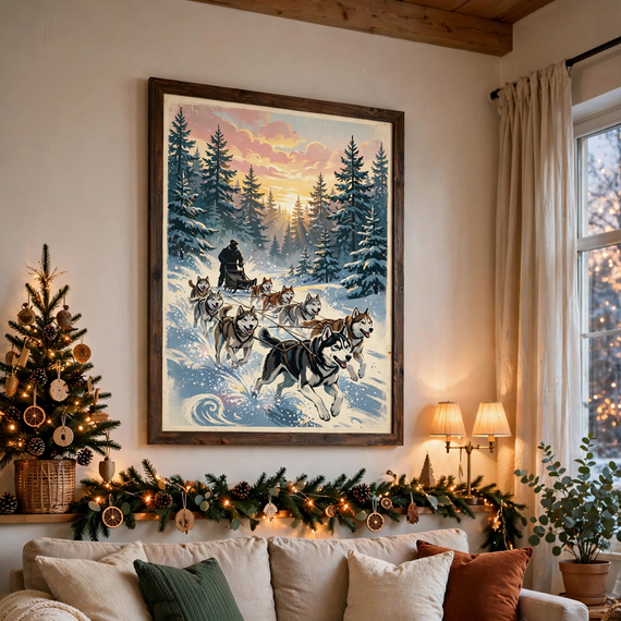 Husky Sled Team at Dawn vintage winter poster framed in livingroom