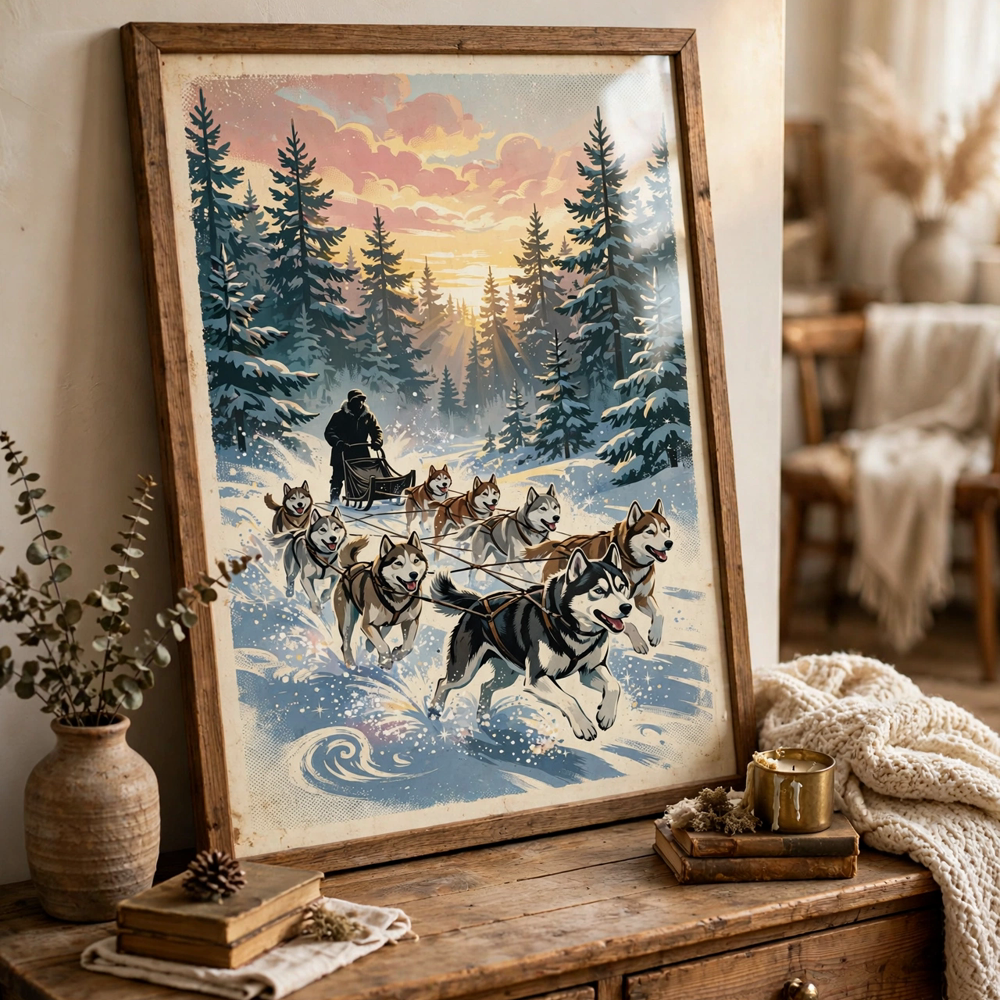 Husky Sled Team at Dawn vintage winter poster framed in closeup