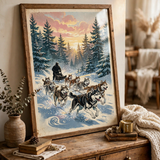 Husky Sled Team at Dawn vintage winter poster framed in closeup