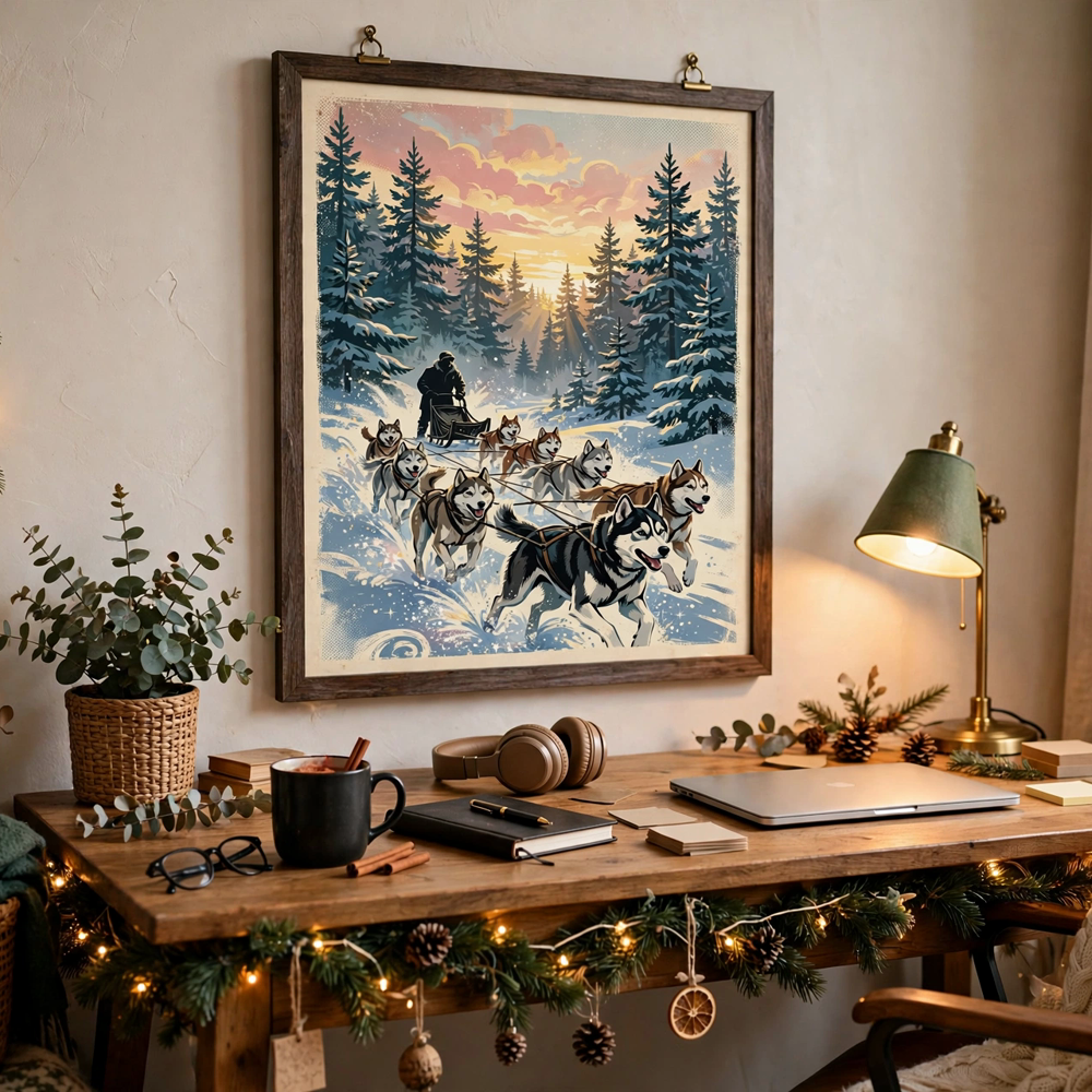 Husky Sled Team at Dawn vintage winter poster framed in homeoffice