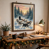 Husky Sled Team at Dawn vintage winter poster framed in homeoffice