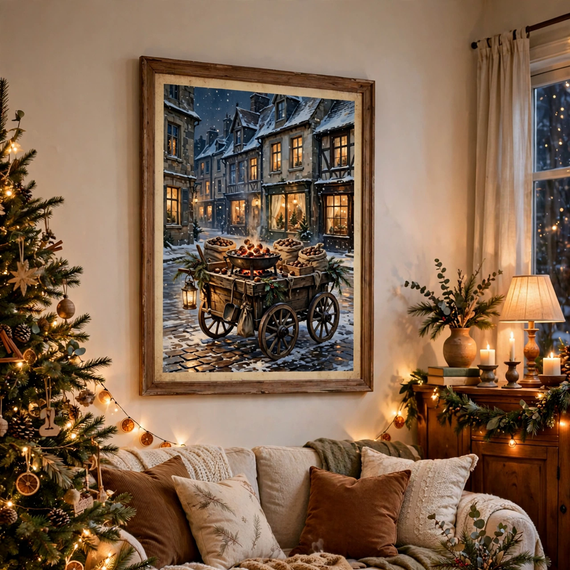 Roasted Chestnut Cart vintage winter poster framed in livingroom