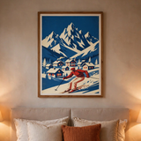 Snowbound Ski Slopes vintage winter poster framed in a bedroom view