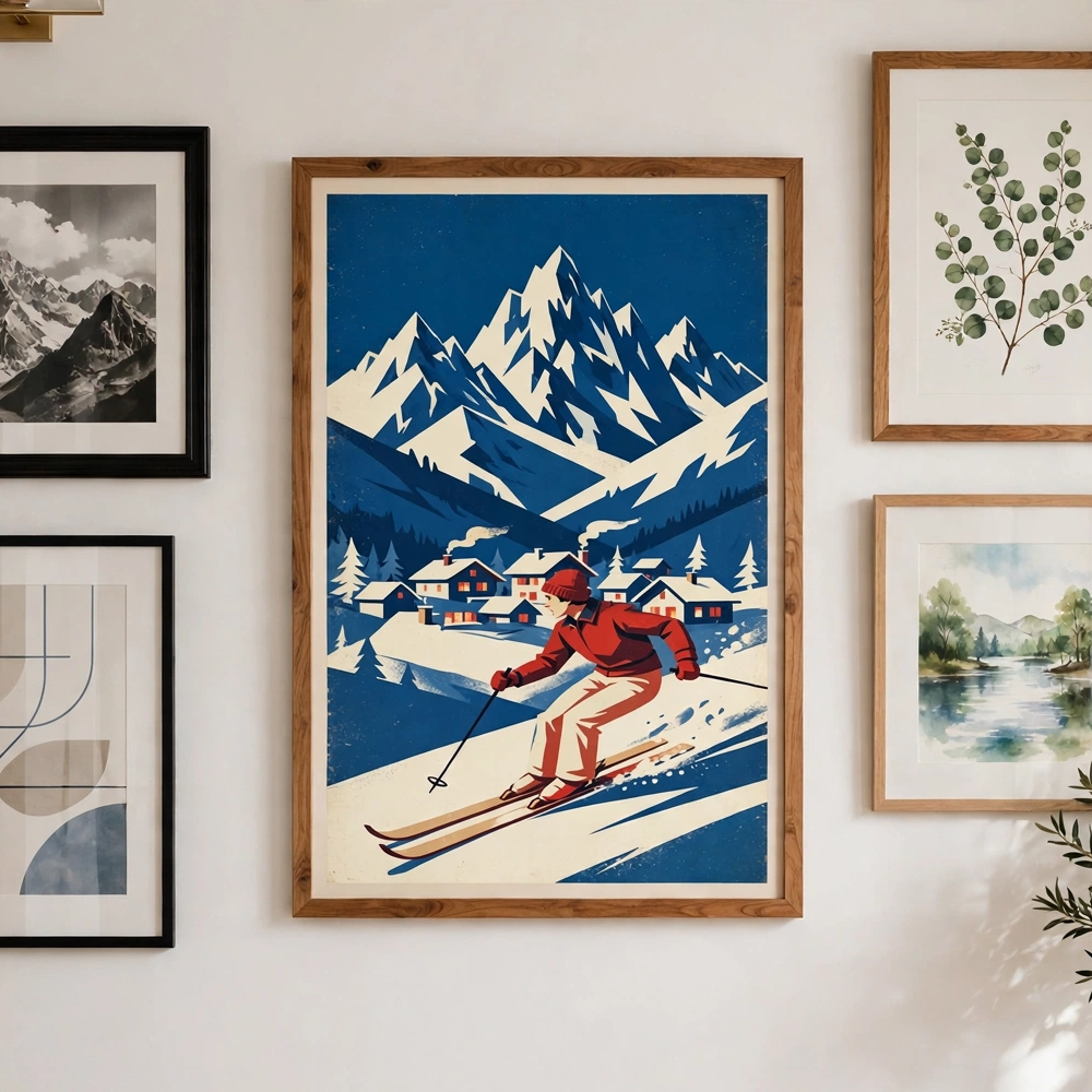 Snowbound Ski Slopes vintage winter poster framed in a gallery view
