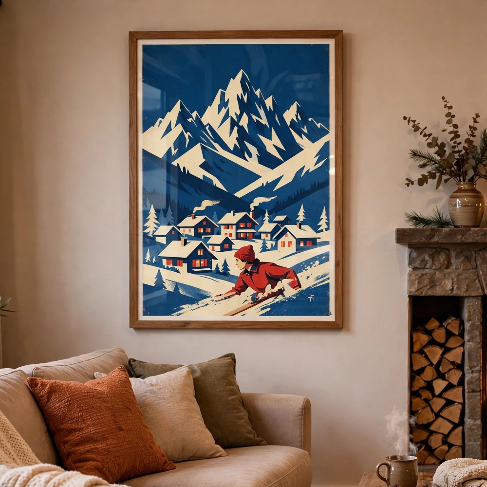 Snowbound Ski Slopes vintage winter poster framed in a livingroom view