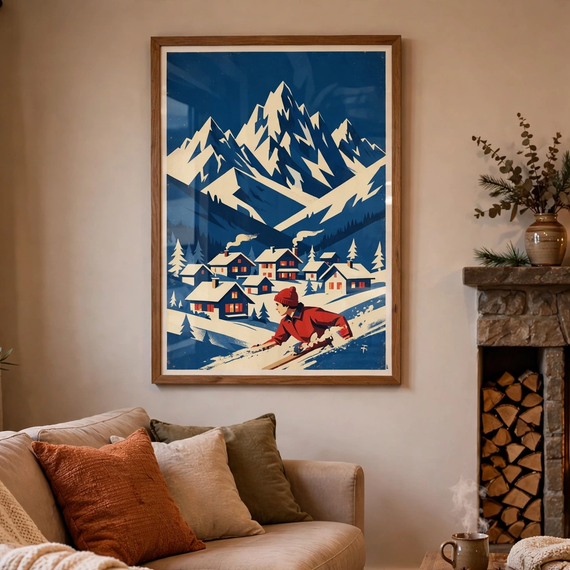 Snowbound Ski Slopes vintage winter poster framed in a livingroom view
