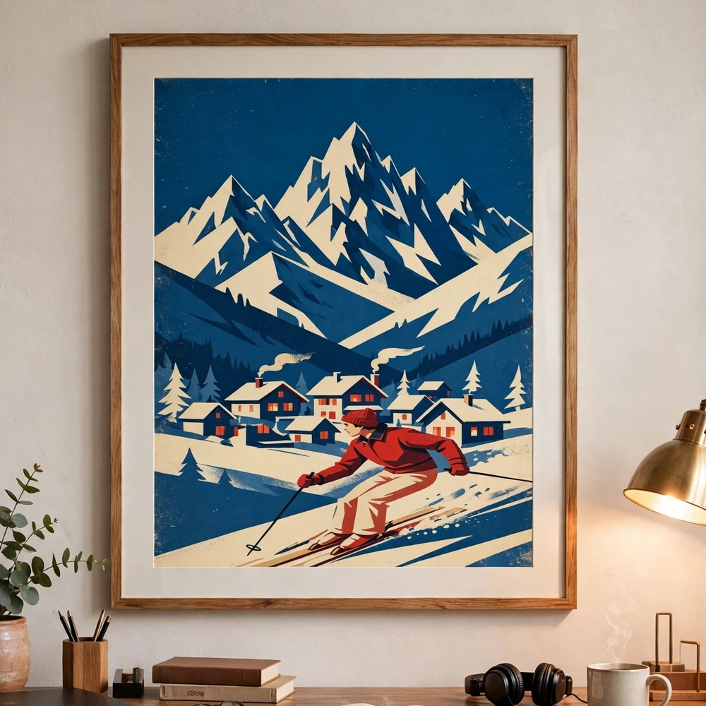 Snowbound Ski Slopes vintage winter poster framed in a office view