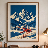 Snowbound Ski Slopes vintage winter poster framed in a office view