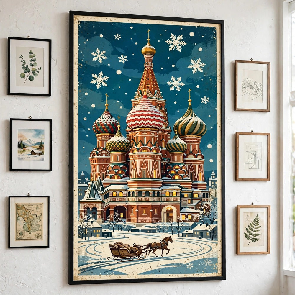 Snowy St. Basil's at Christmas poster as centerpiece of a gallery wall