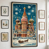 Snowy St. Basil's at Christmas poster as centerpiece of a gallery wall