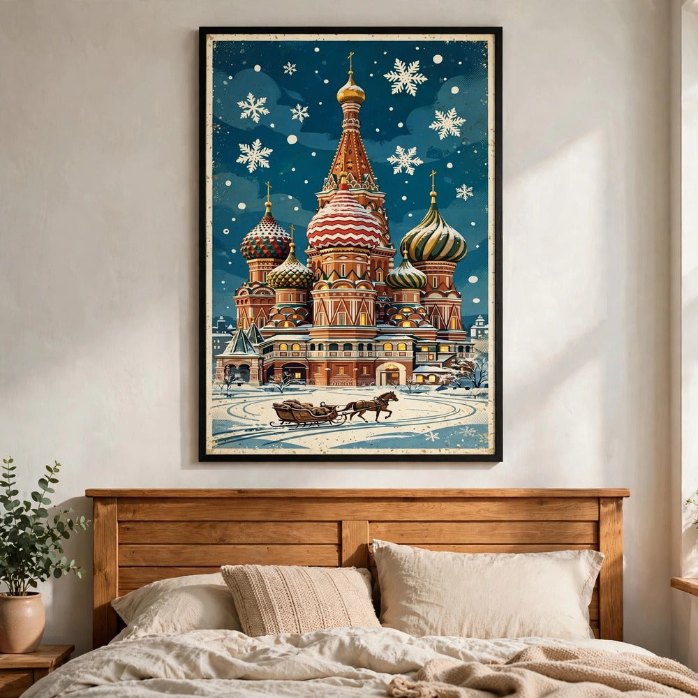 Snowy St. Basil's at Christmas poster in a warm bedroom