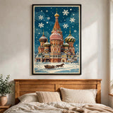 Snowy St. Basil's at Christmas poster in a warm bedroom