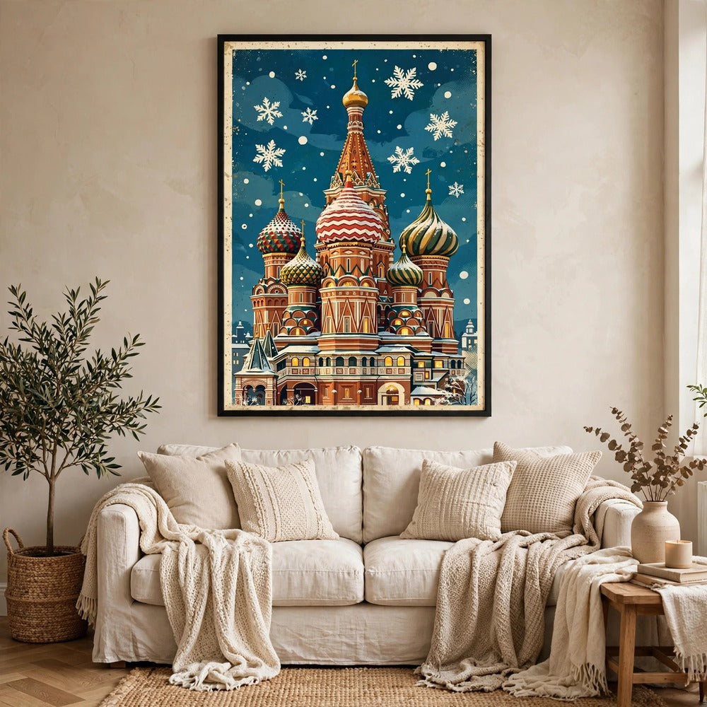 Snowy St. Basil's at Christmas poster framed in a cozy living room