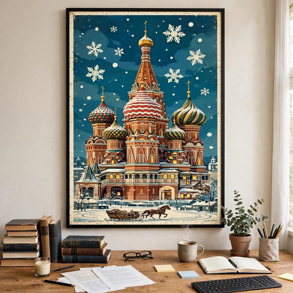Snowy St. Basil's at Christmas poster in a home office
