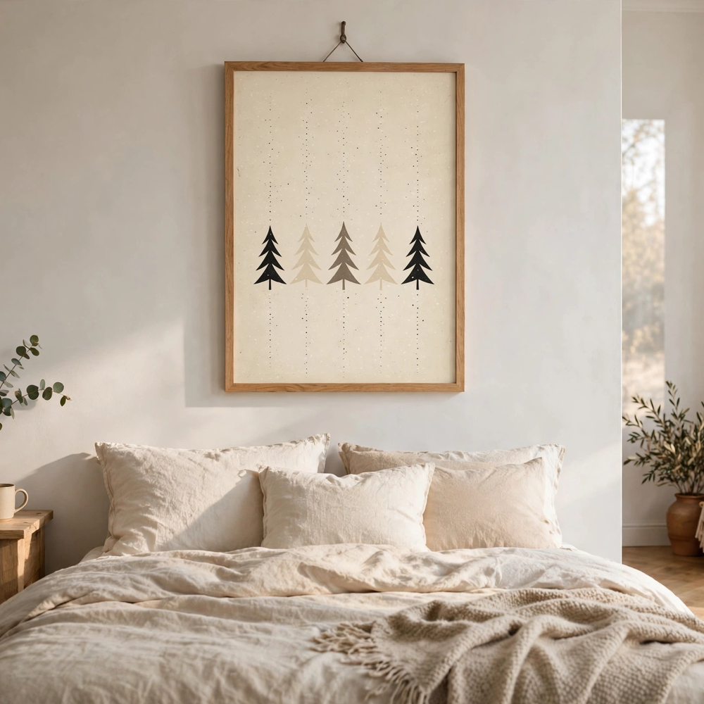 Taupe Christmas Trees vintage winter poster framed in a bedroom view