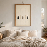 Taupe Christmas Trees vintage winter poster framed in a bedroom view