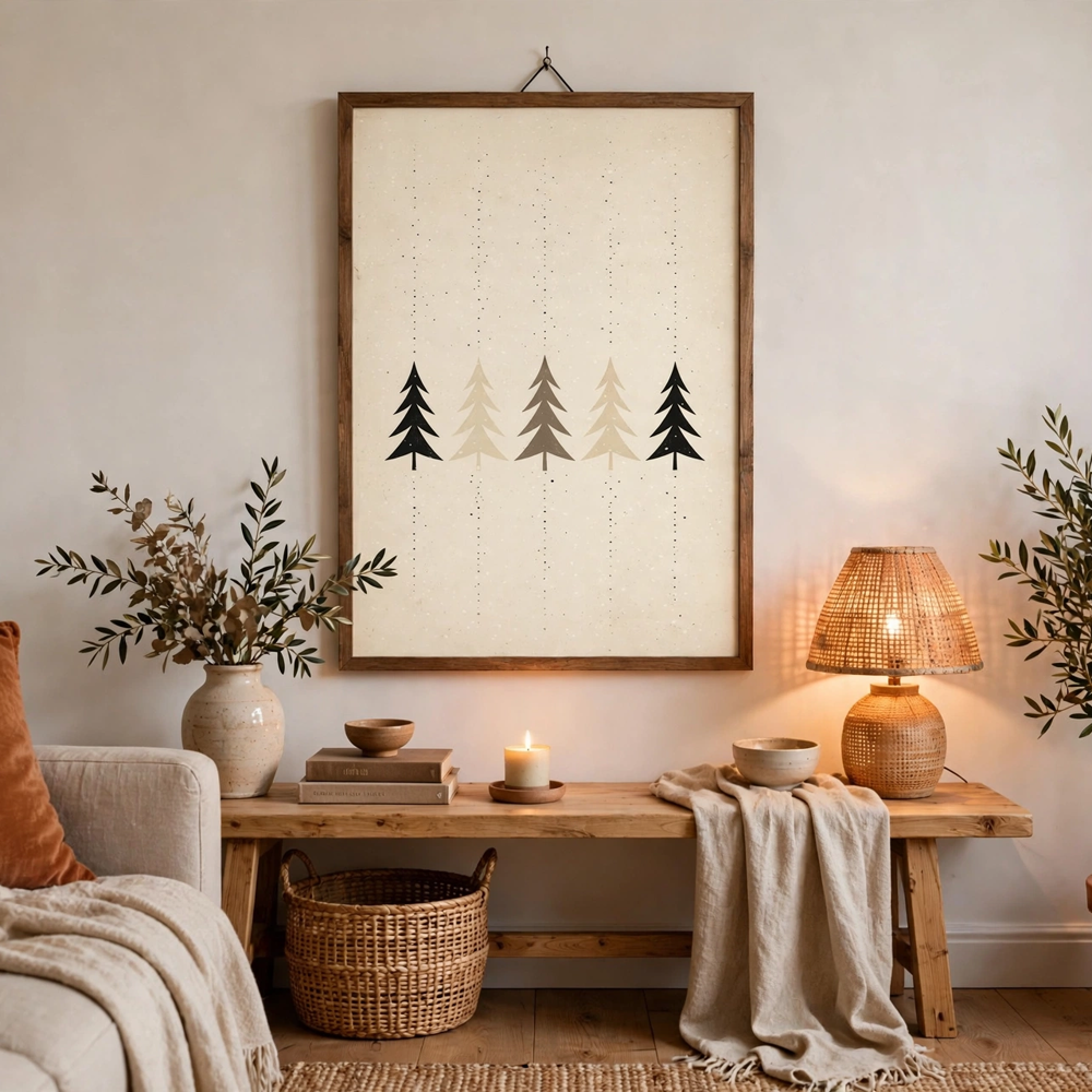 Taupe Christmas Trees vintage winter poster framed in a livingroom view