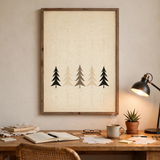 Taupe Christmas Trees vintage winter poster framed in a office view