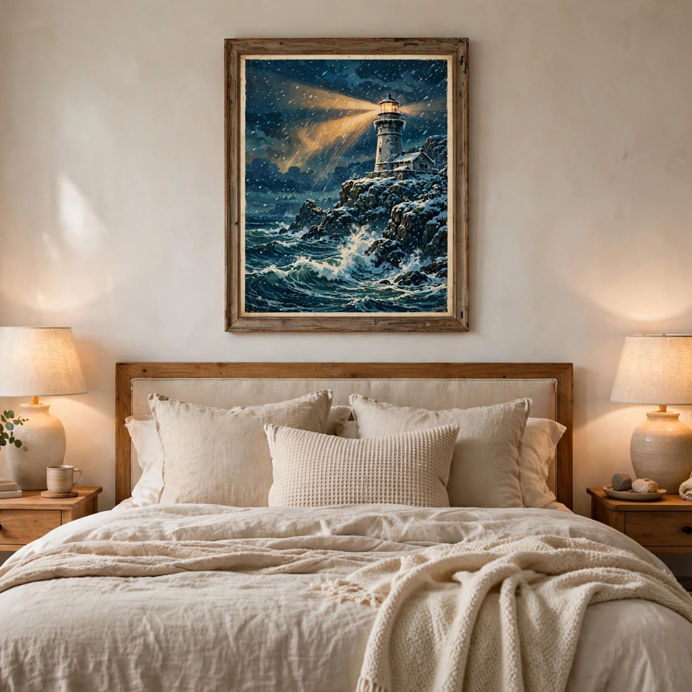 Winter Lighthouse Beacon vintage winter poster framed in a bedroom view