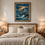 Winter Lighthouse Beacon vintage winter poster framed in a bedroom view