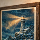 Winter Lighthouse Beacon vintage winter poster framed in a close-up detail view