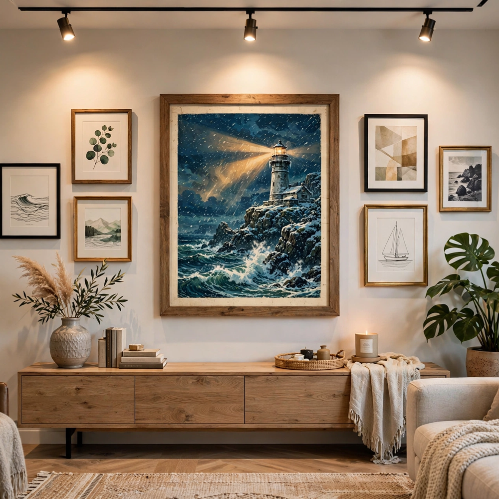 Winter Lighthouse Beacon vintage winter poster framed in a gallery view
