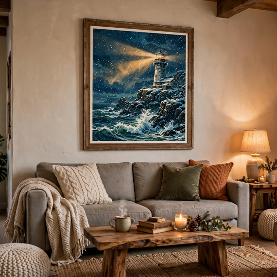 Winter Lighthouse Beacon vintage winter poster framed in a livingroom view