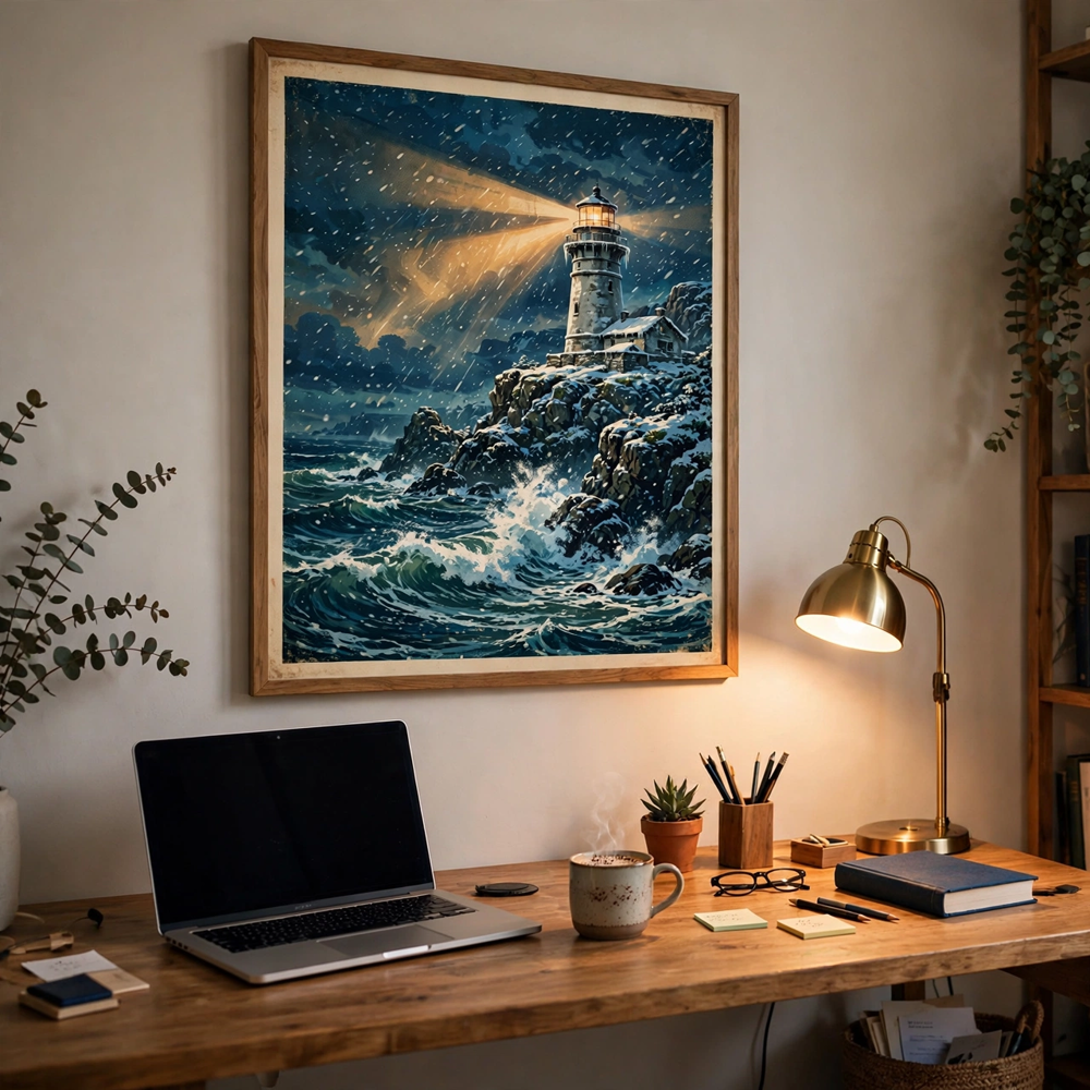 Winter Lighthouse Beacon vintage winter poster framed in a office view