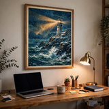 Winter Lighthouse Beacon vintage winter poster framed in a office view